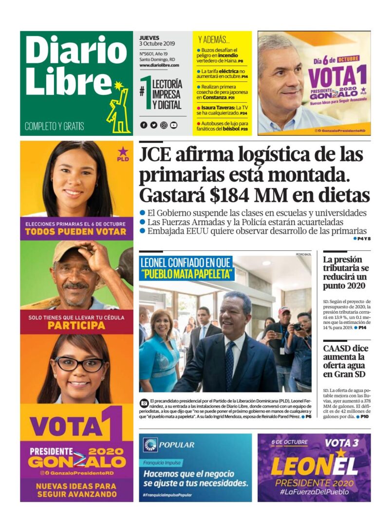 Portada Periódico Diario Libre, Jueves 03 de Octubre, 2019