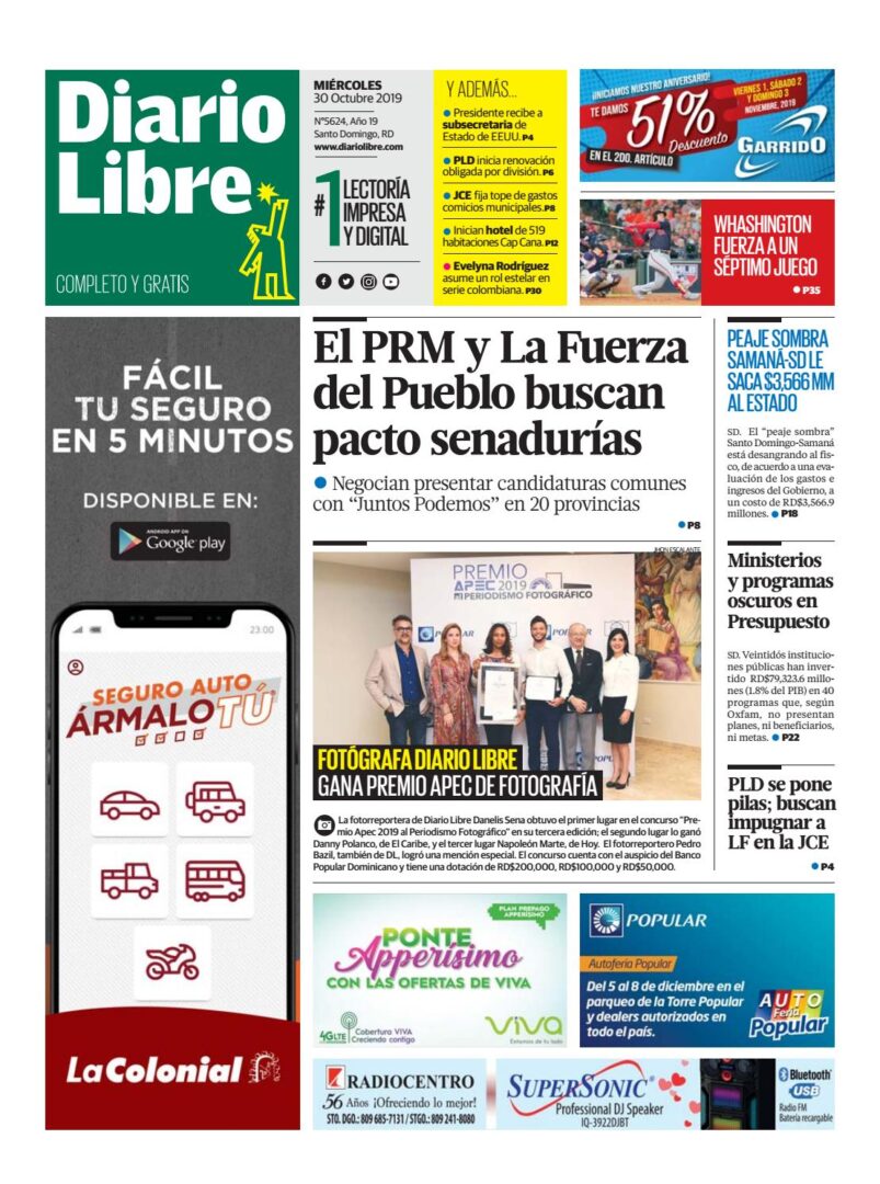 Portada Periódico Diario Libre, Jueves 31 de Octubre, 2019