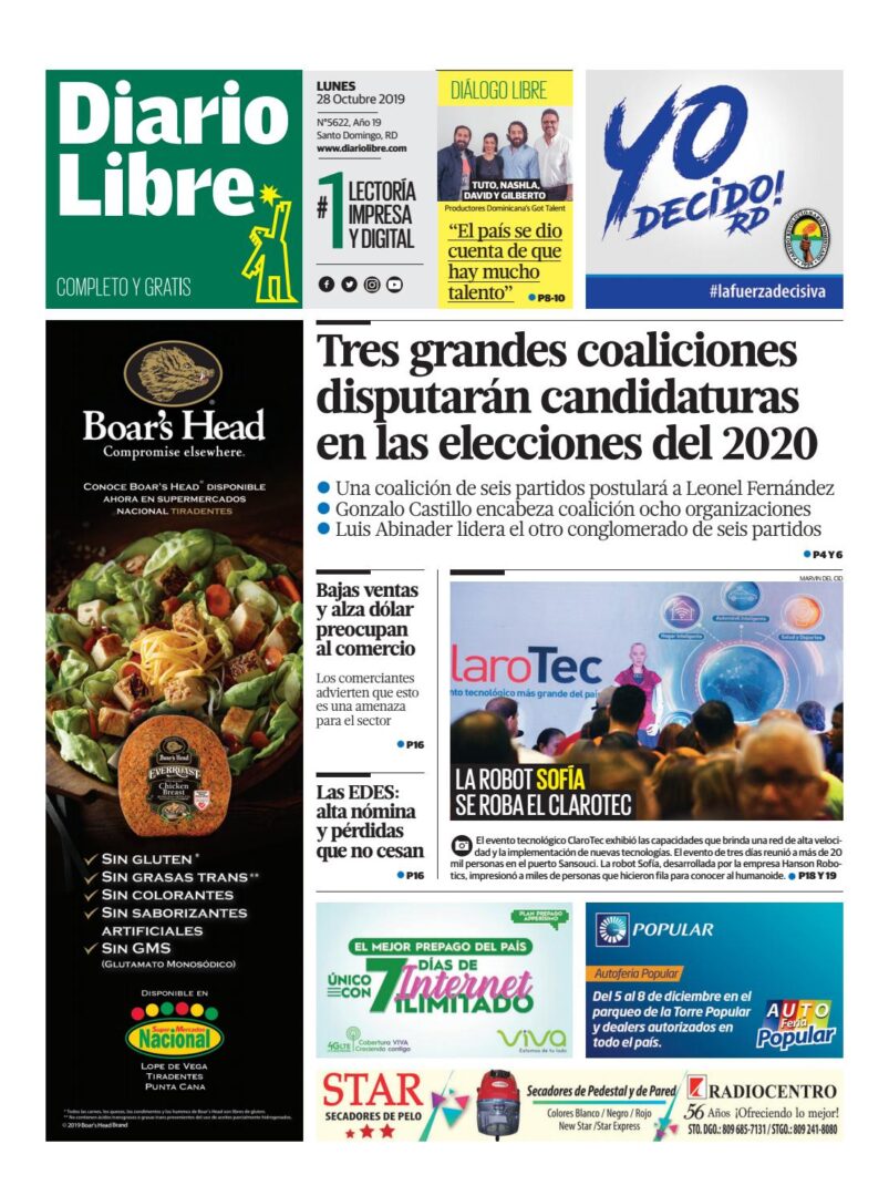 Portada Periódico Diario Libre, Lunes 28 de Octubre, 2019