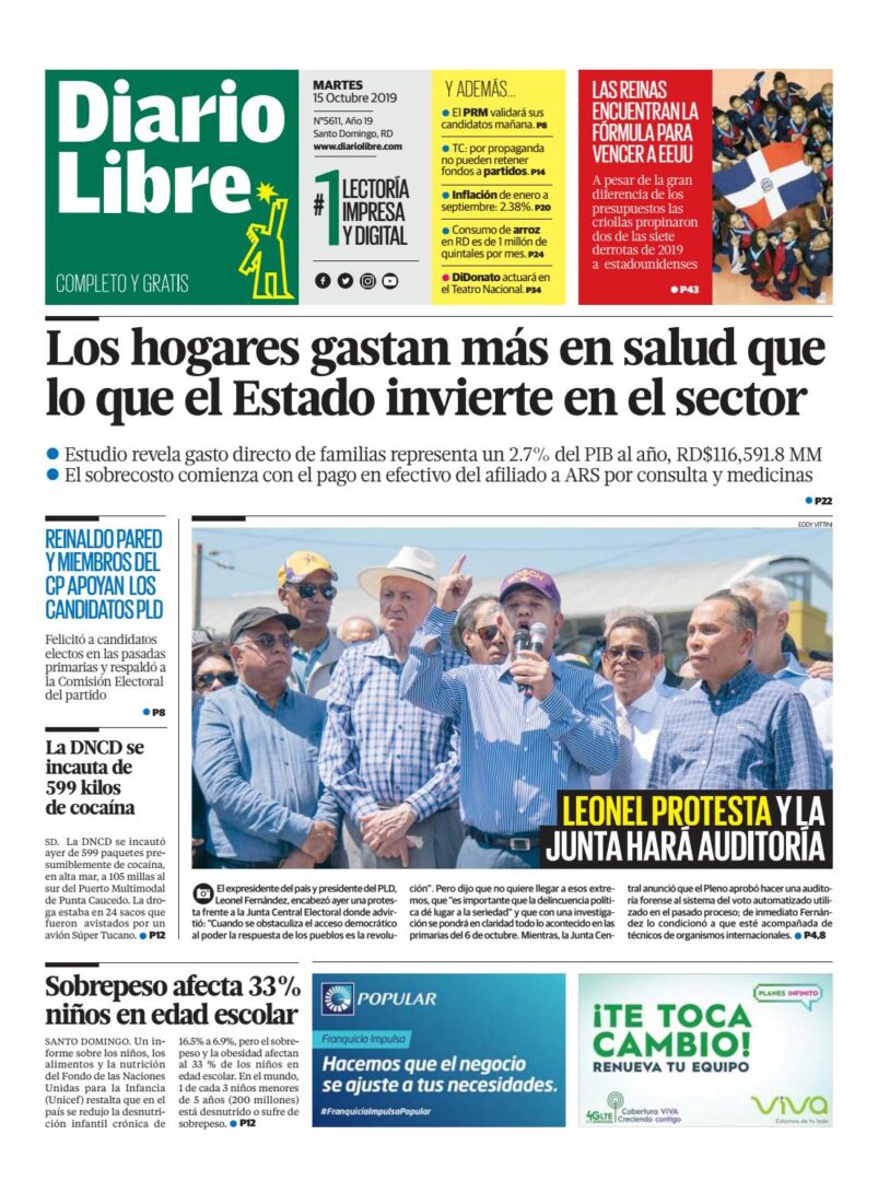 Portada Periódico Diario Libre, Martes 15 de Octubre, 2019