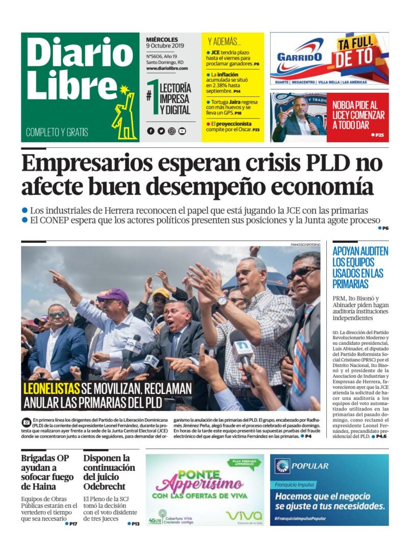 Portada Periódico Diario Libre, Miércoles 07 de Octubre, 2019