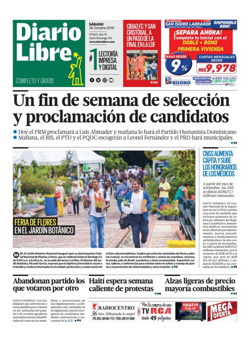 Portada Periódico Diario Libre, Sábado 26 de Octubre, 2019