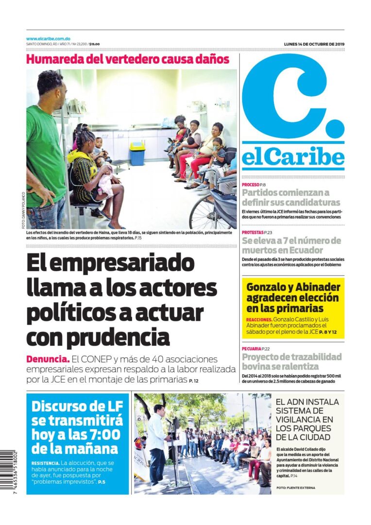 Portada Periódico El Caribe, Domingo 13 de Octubre, 2019