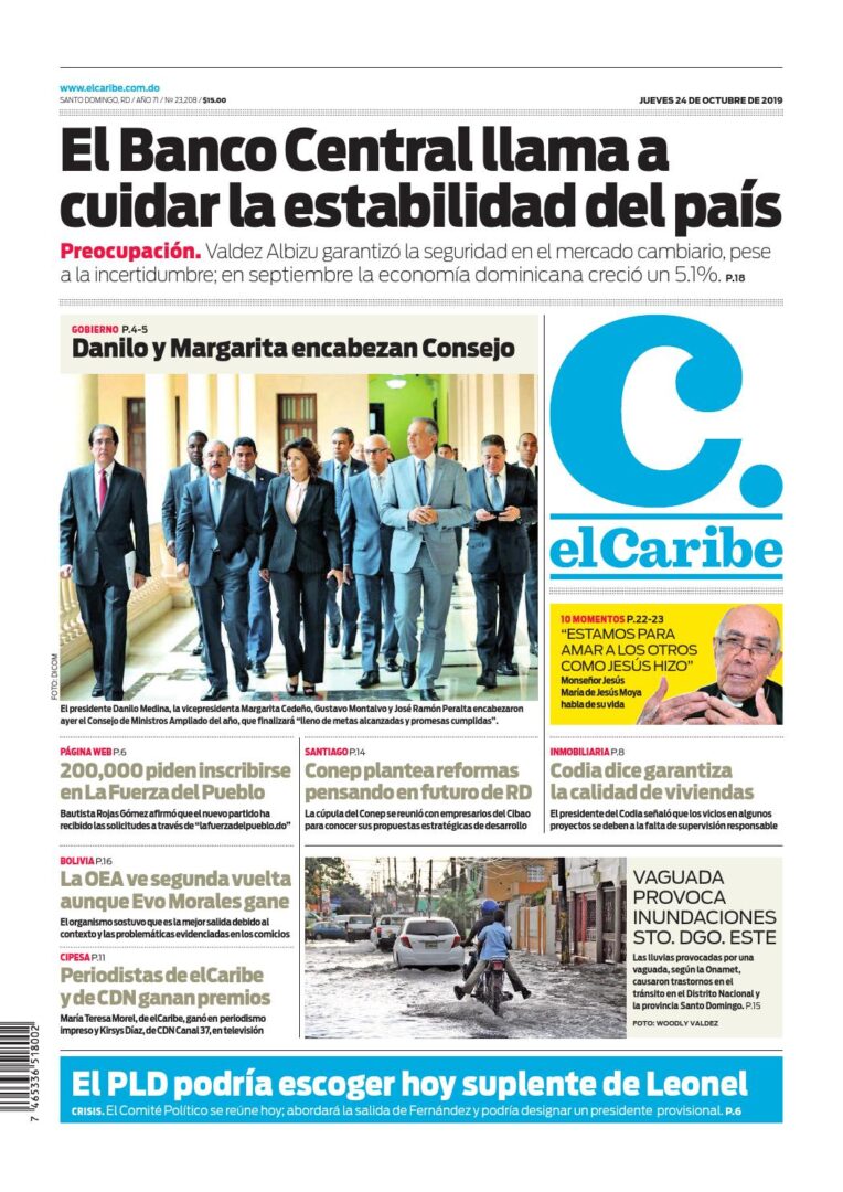 Portada Periódico El Caribe, Jueves 24 de Octubre, 2019