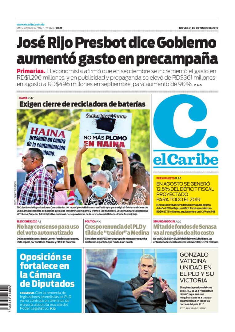 Portada Periódico El Caribe, Jueves 31 de Octubre, 2019