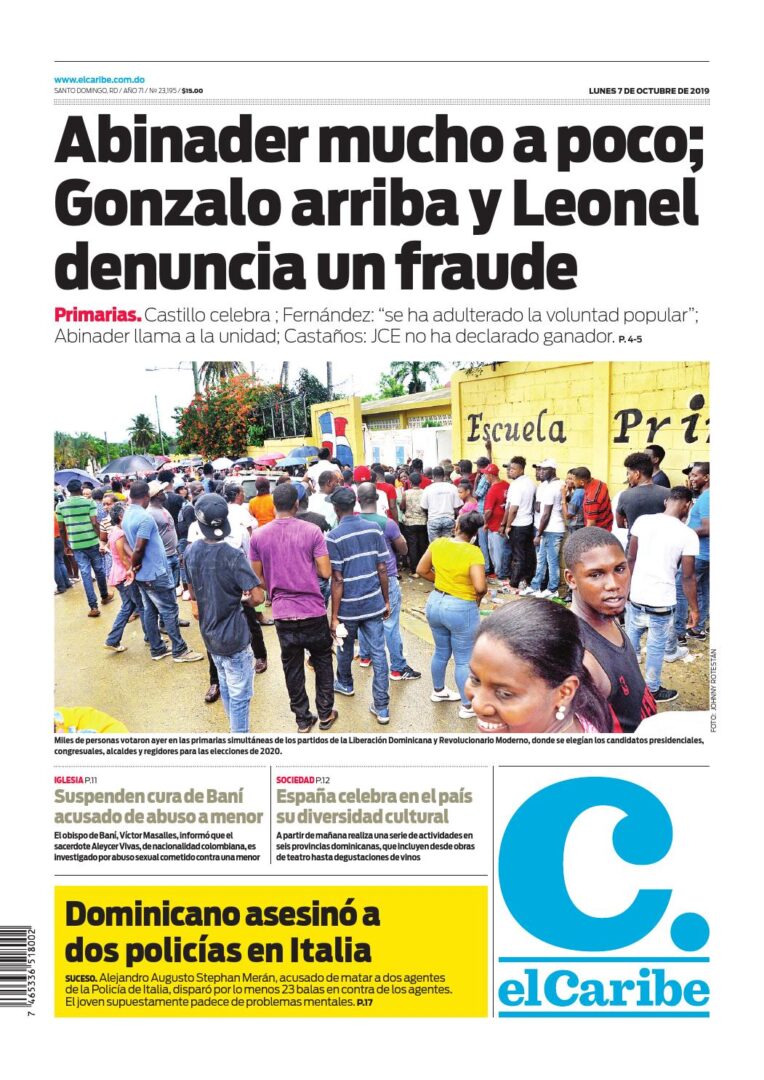 Portada Periódico El Caribe, Lunes 05 de Octubre, 2019