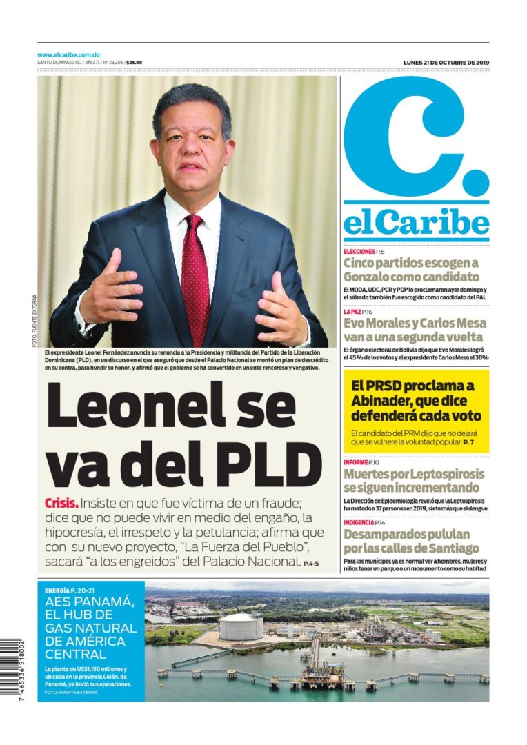 Portada Periódico El Caribe, Lunes 21 de Octubre, 2019