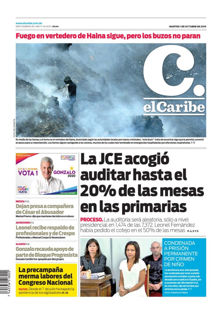 Portada Periódico El Caribe, Martes 01 de Octubre, 2019