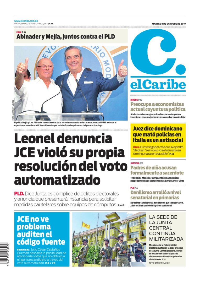 Portada Periódico El Caribe, Martes 06 de Octubre, 2019