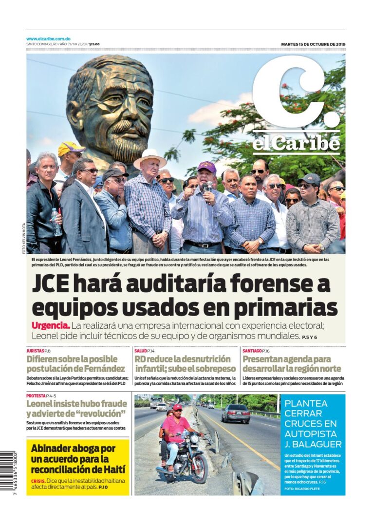 Portada Periódico El Caribe, Martes 15 de Octubre, 2019
