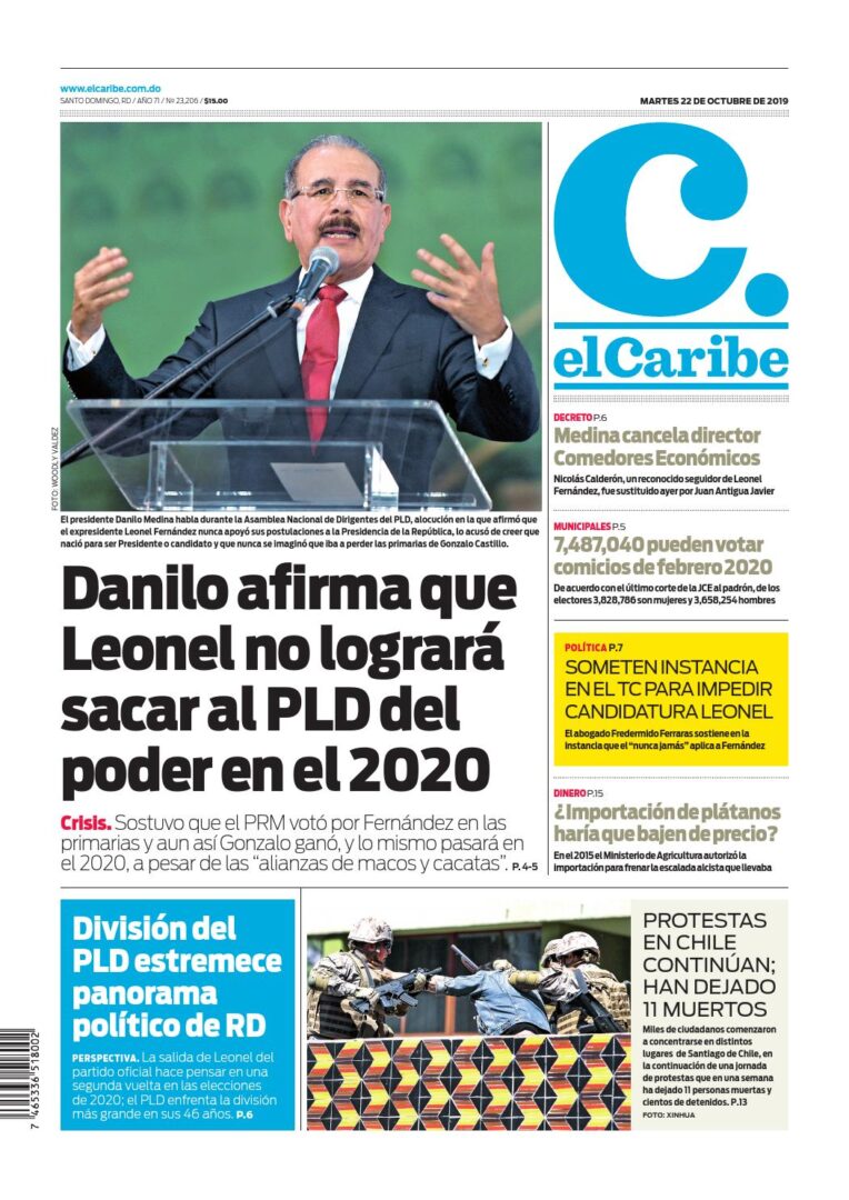 Portada Periódico El Caribe, Martes 22 de Octubre, 2019