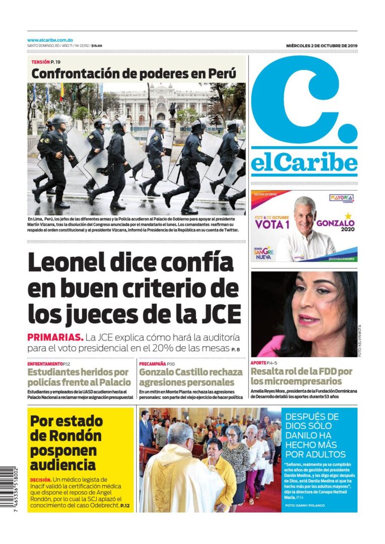 Portada Periódico El Caribe, Miércoles 02 de Octubre, 2019