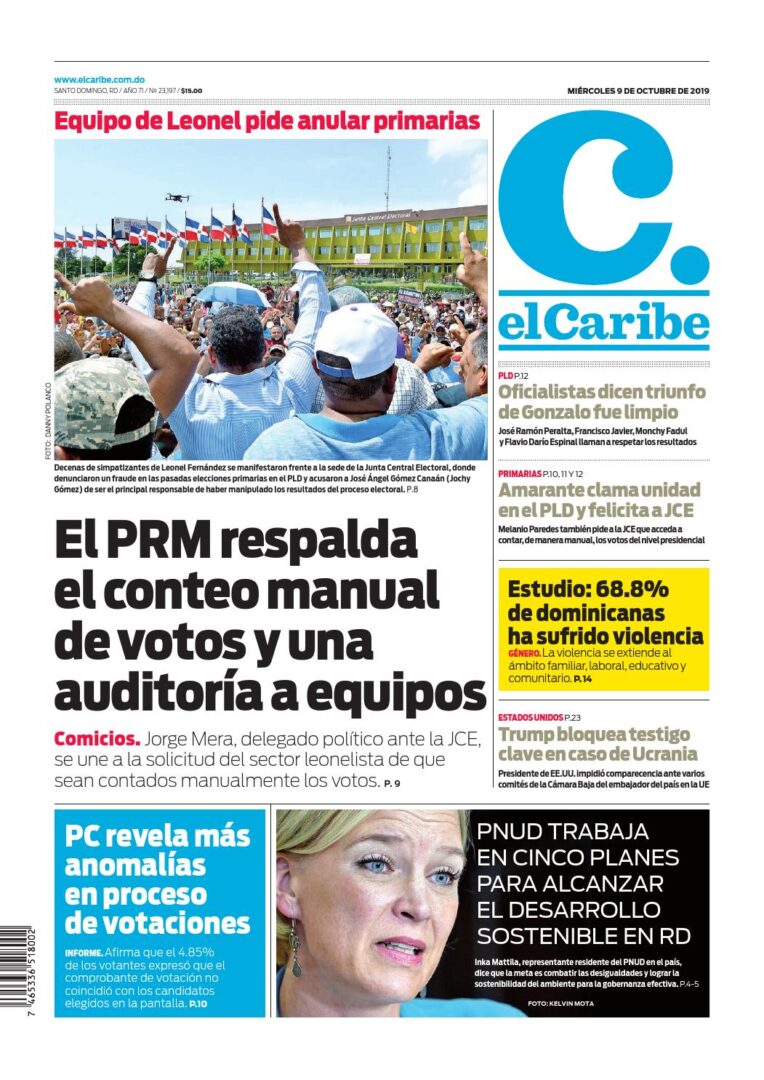 Portada Periódico El Caribe, Miércoles 07 de Octubre, 2019