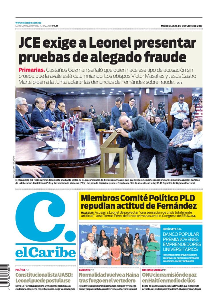 Portada Periódico El Caribe, Miércoles 16 de Octubre, 2019
