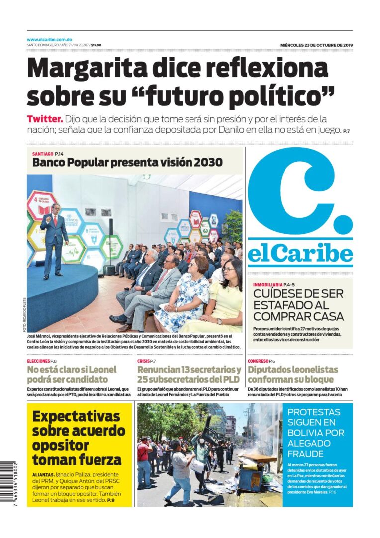 Portada Periódico El Caribe, Miércoles 23 de Octubre, 2019