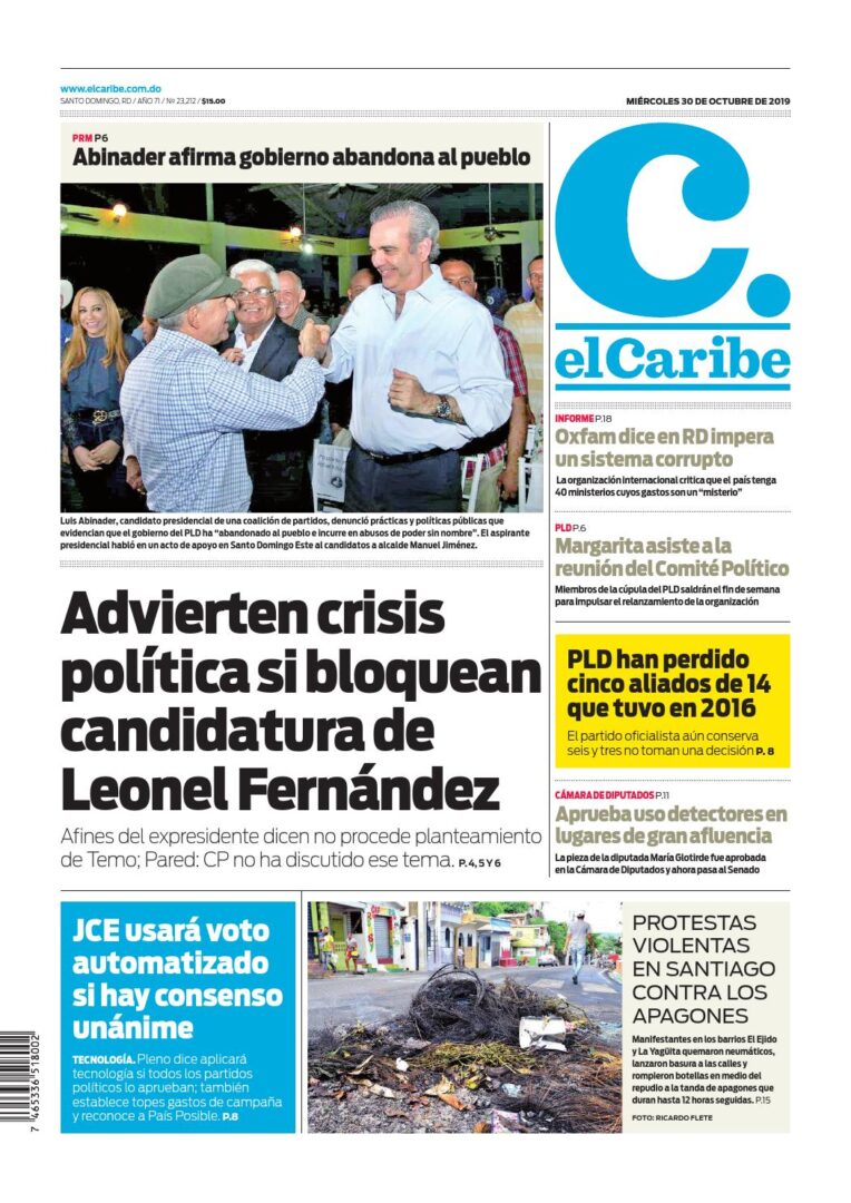 Portada Periódico El Caribe, Miércoles 30 de Octubre, 2019
