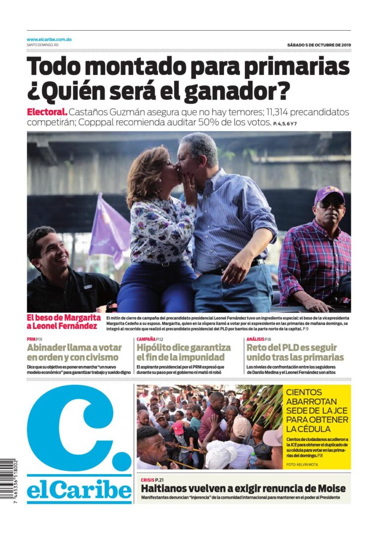 Portada Periódico El Caribe, Sábado 05 de Octubre, 2019