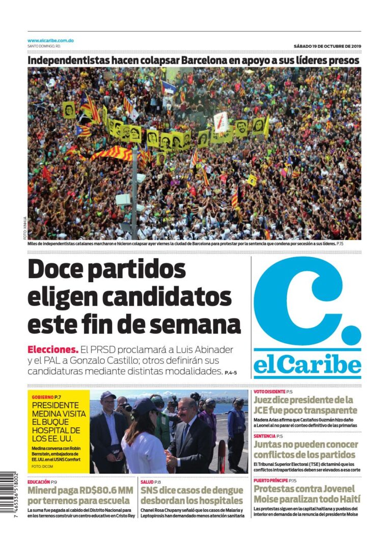 Portada Periódico El Caribe, Sábado 19 de Octubre, 2019