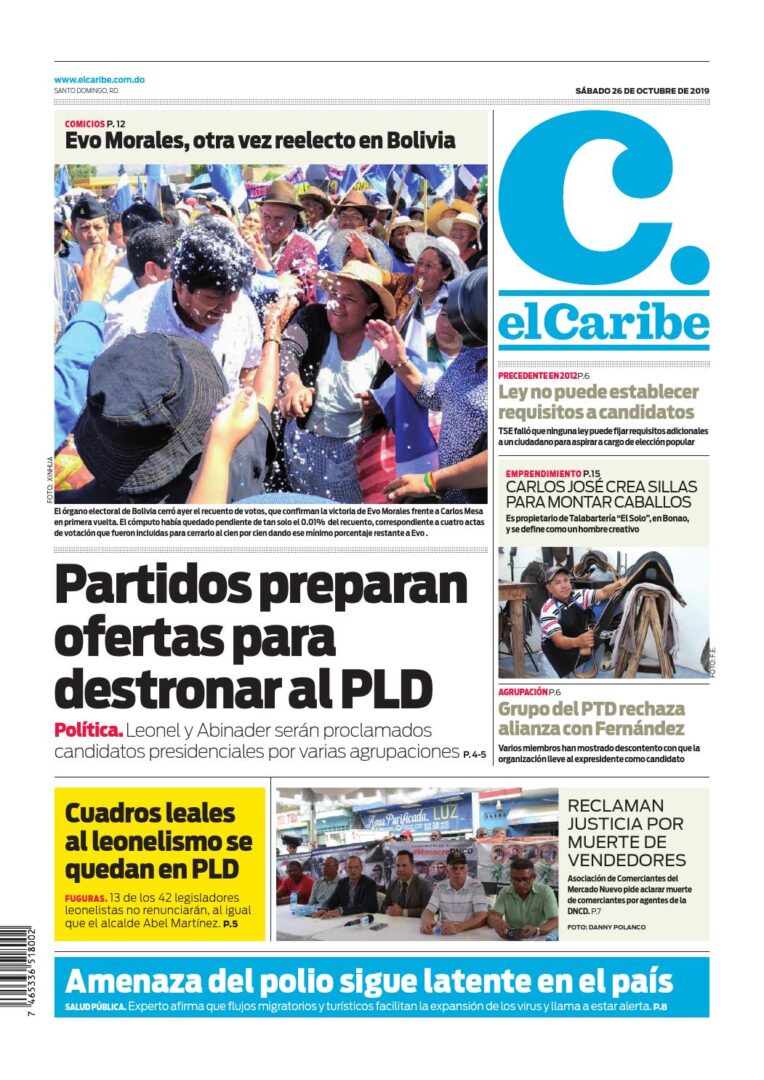 Portada Periódico El Caribe, Sábado 26 de Octubre, 2019
