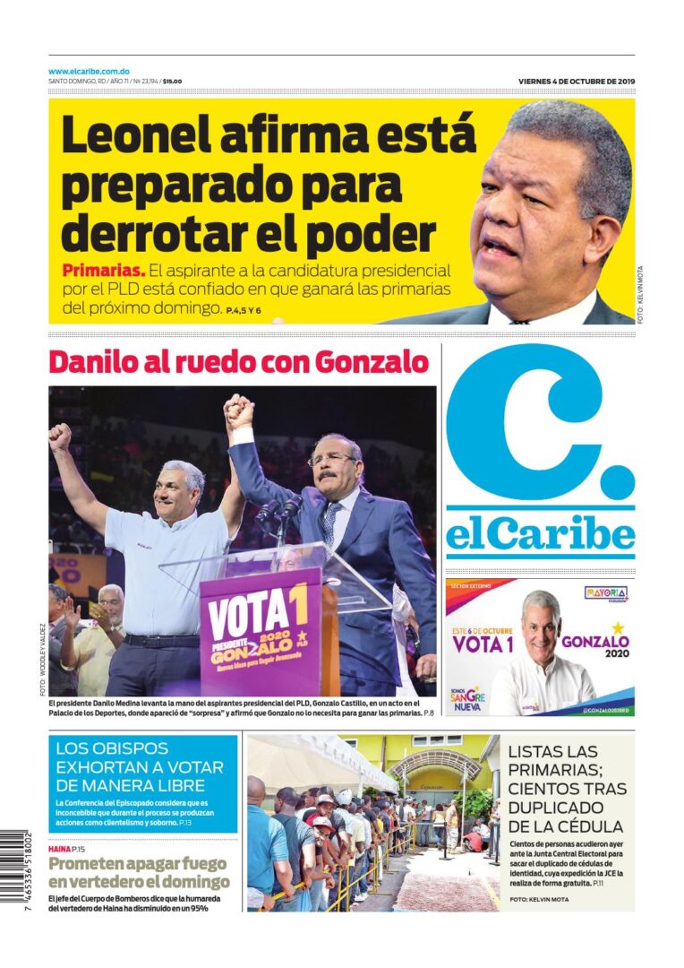 Portada Periódico El Caribe, Viernes 04 de Octubre, 2019