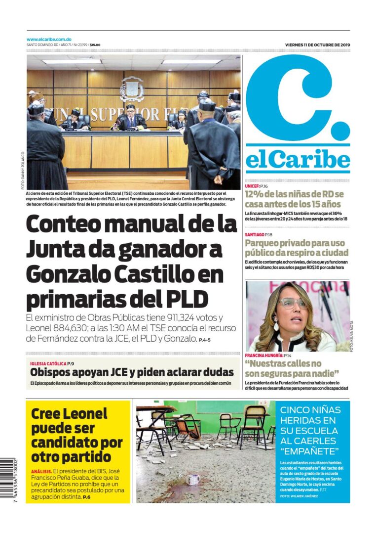Portada Periódico El Caribe, Viernes 09 de Octubre, 2019