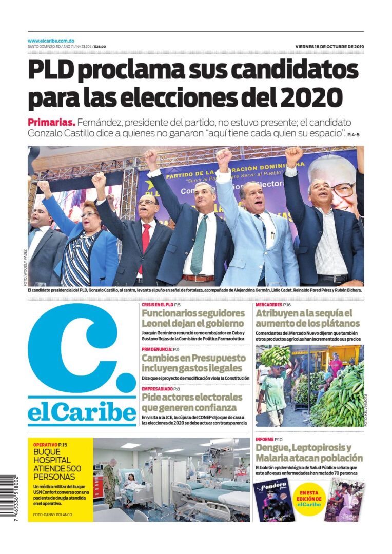 Portada Periódico El Caribe, Viernes 18 de Octubre, 2019