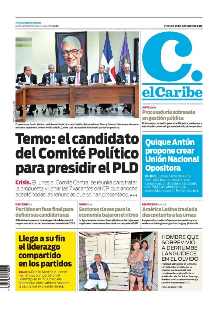 Portada Periódico El Caribe, Viernes 25 de Octubre, 2019