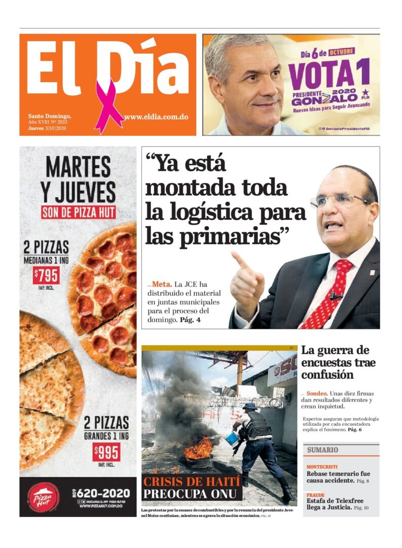 Portada Periódico El Día, Jueves 03 de Octubre, 2019