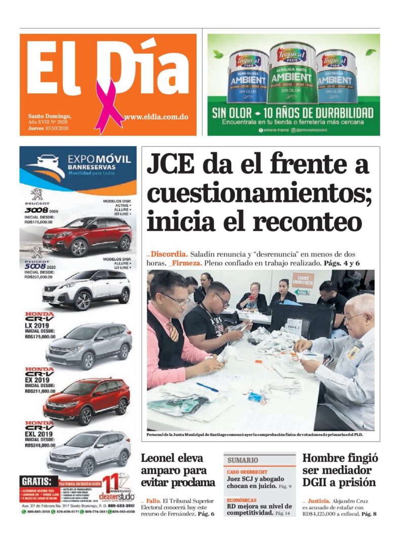 Portada Periódico El Día, Jueves 08 de Octubre, 2019