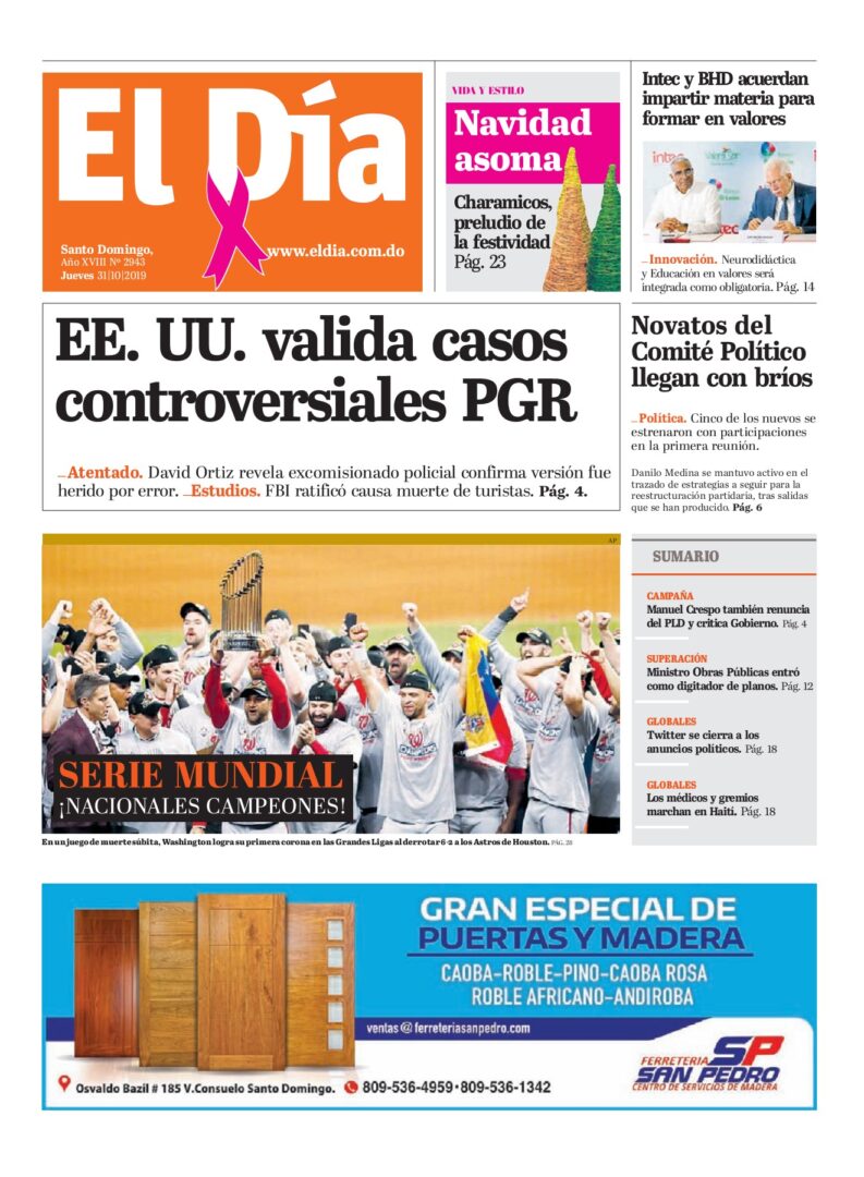 Portada Periódico El Día, Jueves 31 de Octubre, 2019