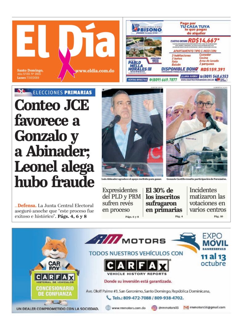 Portada Periódico El Día, Lunes 05 de Octubre, 2019