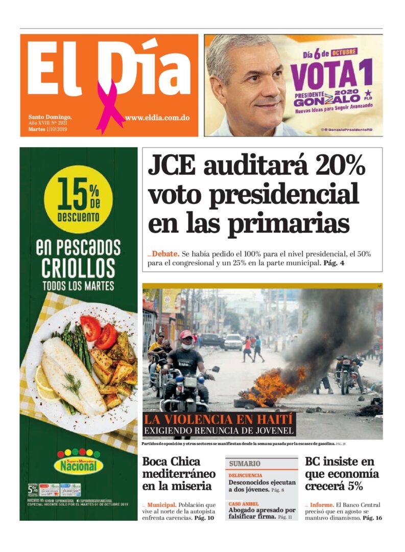 Portada Periódico El Día, Martes 01 de Octubre, 2019