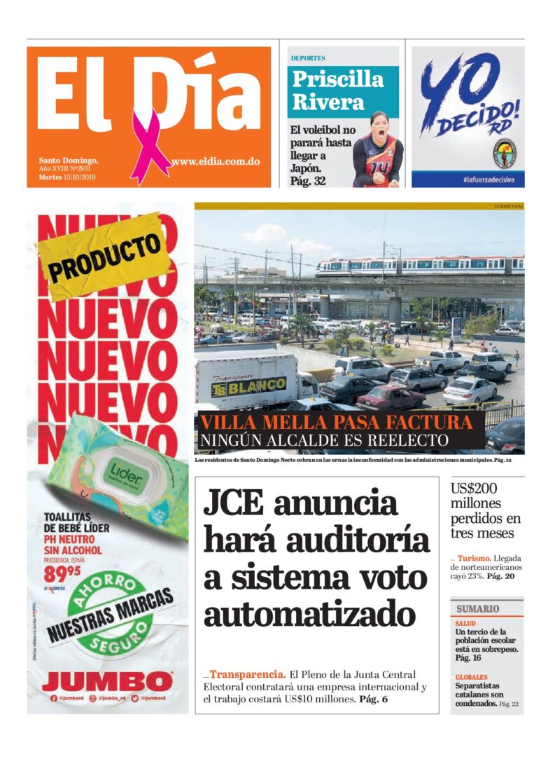 Portada Periódico El Día, Martes 15 de Octubre, 2019