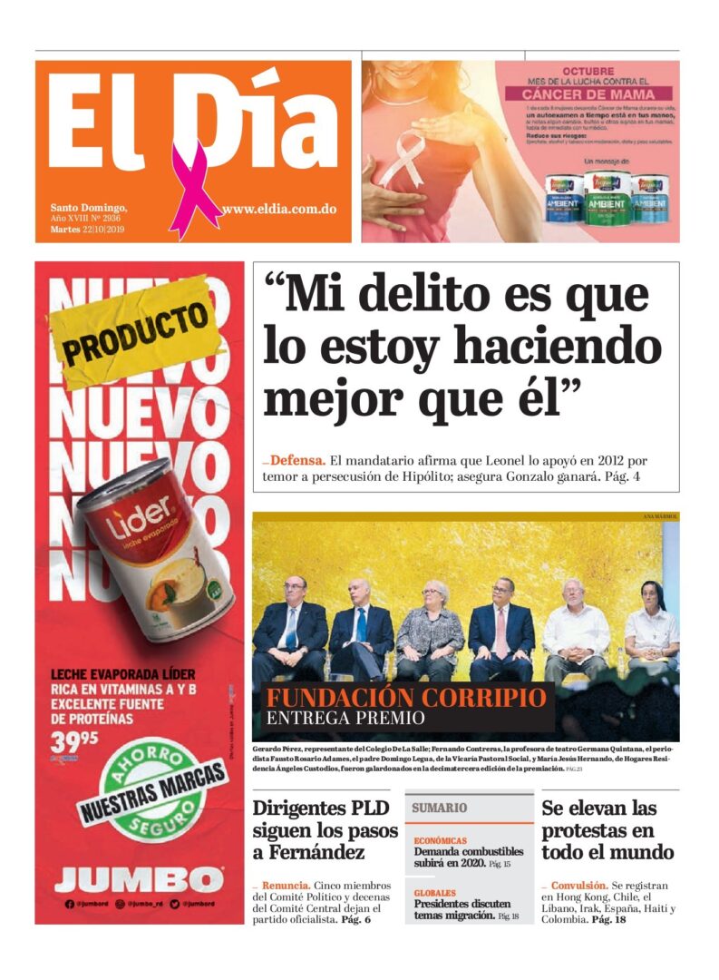 Portada Periódico El Día, Martes 22 de Octubre, 2019