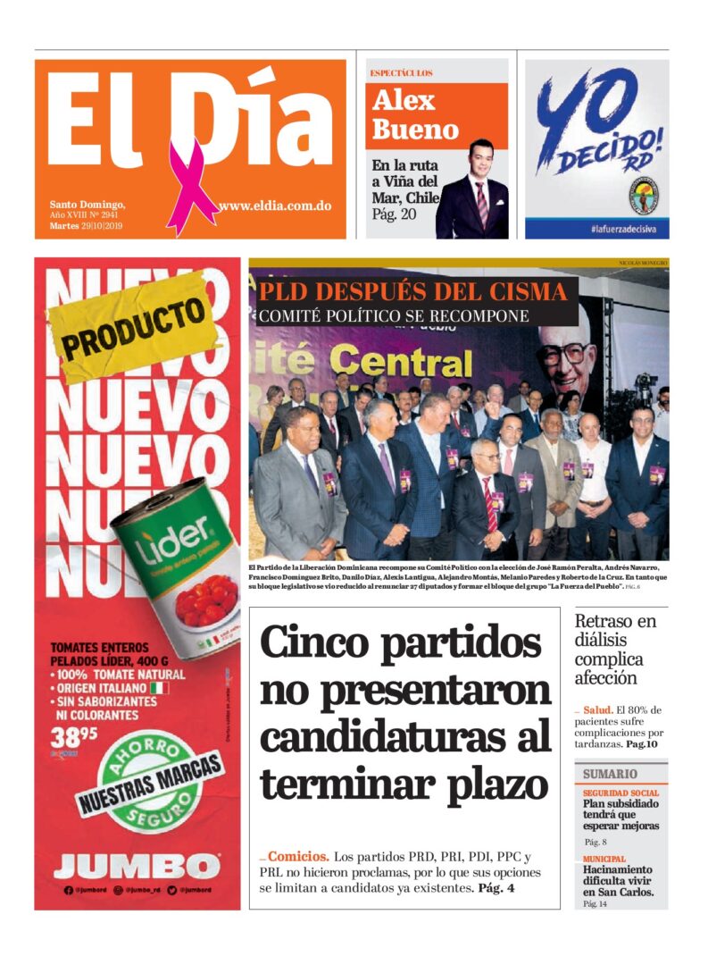 Portada Periódico El Día, Martes 29 de Octubre, 2019