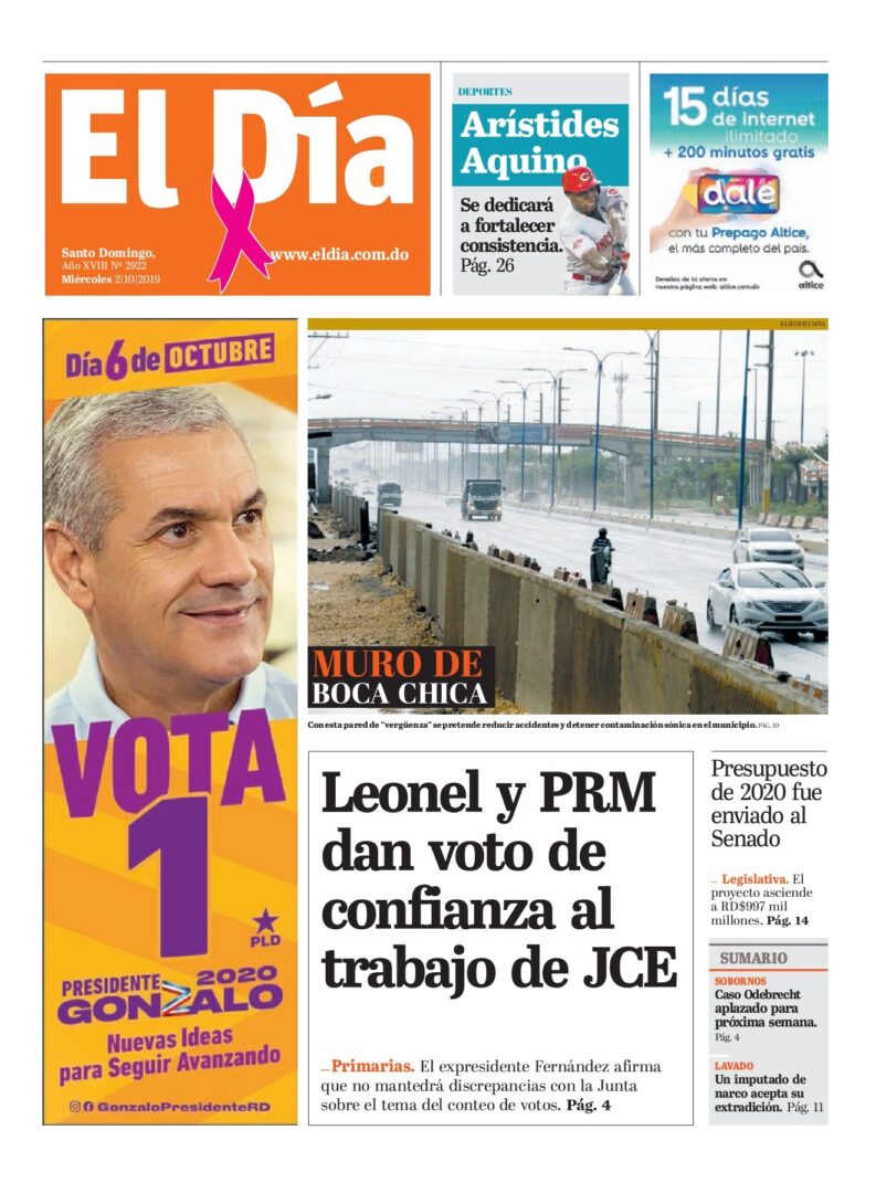 Portada Periódico El Día, Miércoles 02 de Octubre, 2019