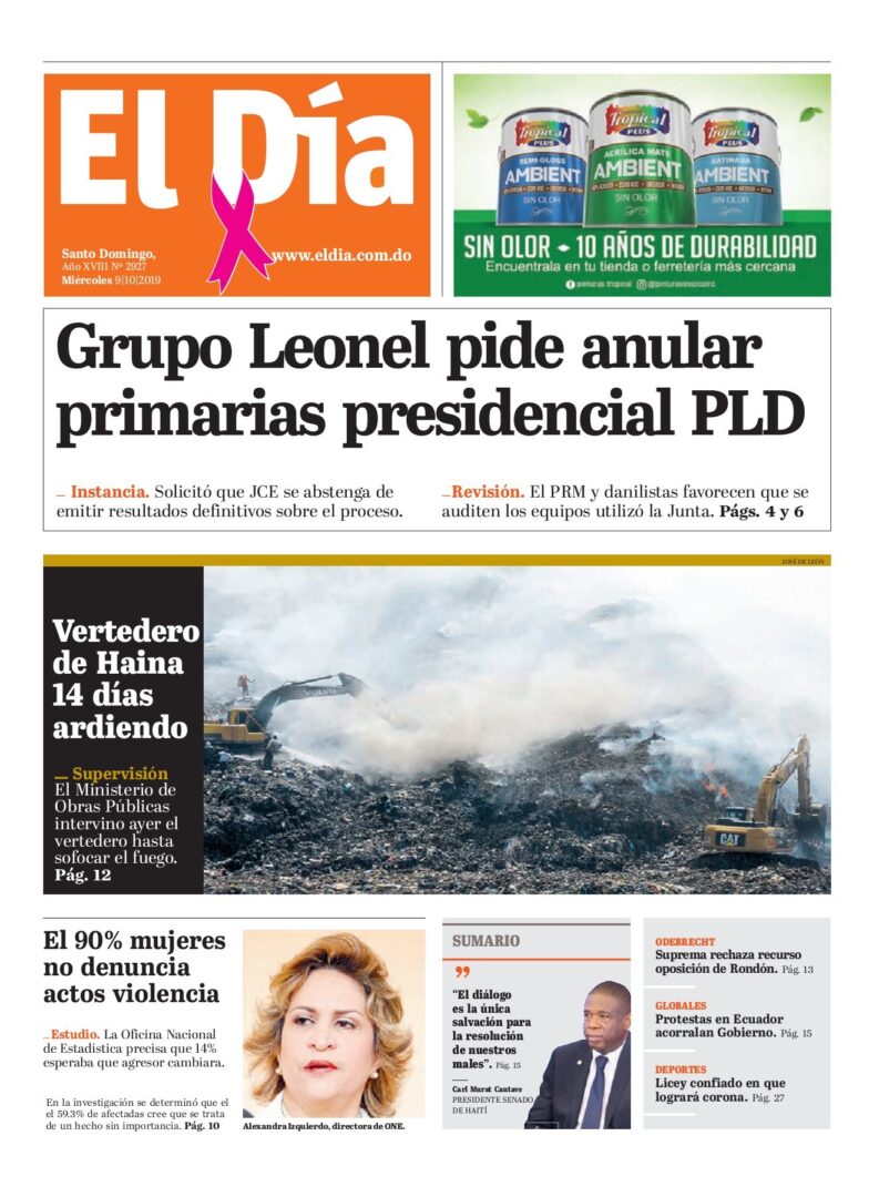Portada Periódico El Día, Miércoles 07 de Octubre, 2019
