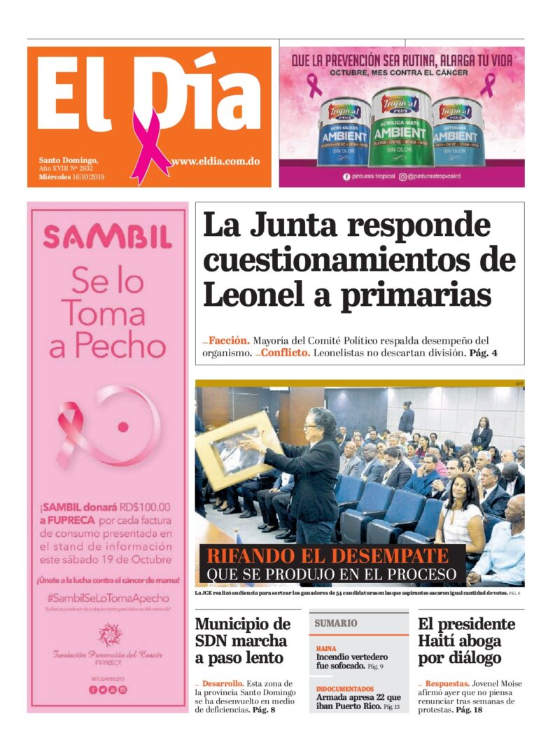 Portada Periódico El Día, Miércoles 16 de Octubre, 2019