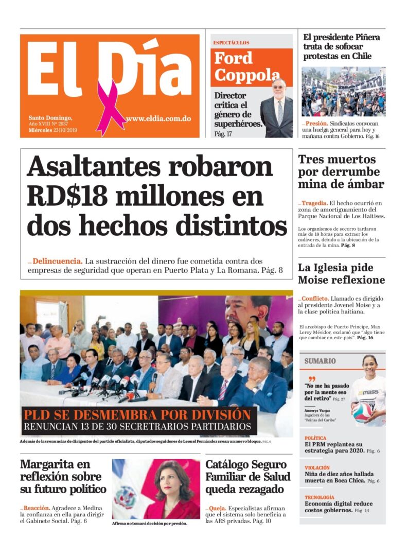 Portada Periódico El Día, Miércoles 23 de Octubre, 2019