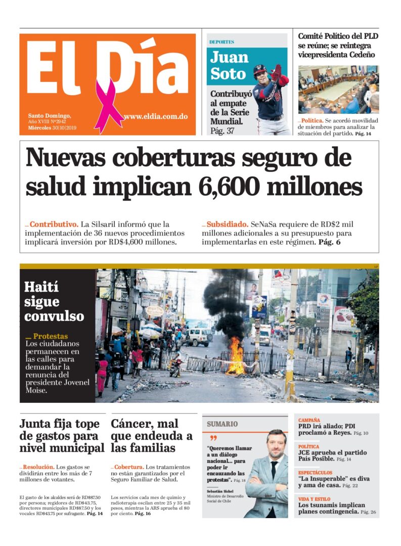 Portada Periódico El Día, Miércoles 30 de Octubre, 2019