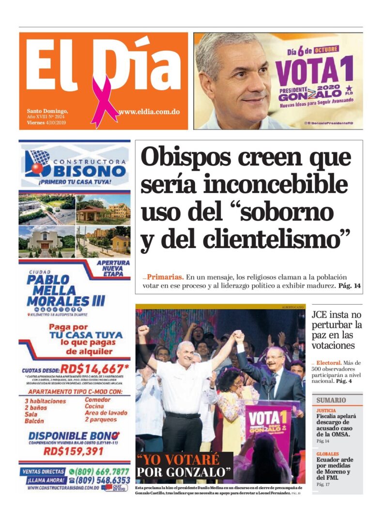 Portada Periódico El Día, Viernes 04 de Octubre, 2019