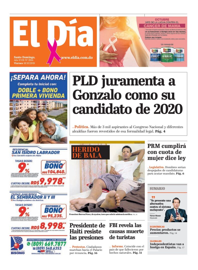 Portada Periódico El Día, Viernes 18 de Octubre, 2019