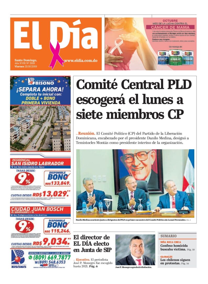 Portada Periódico El Día, Viernes 25 de Octubre, 2019