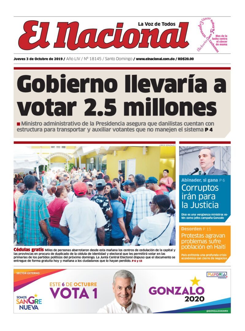 Portada Periódico El Nacional, Jueves 03 de Octubre, 2019