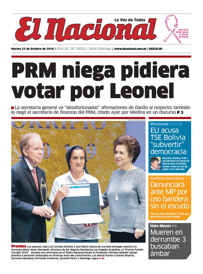 Portada Periódico El Caribe, Martes 22 de Octubre, 2019