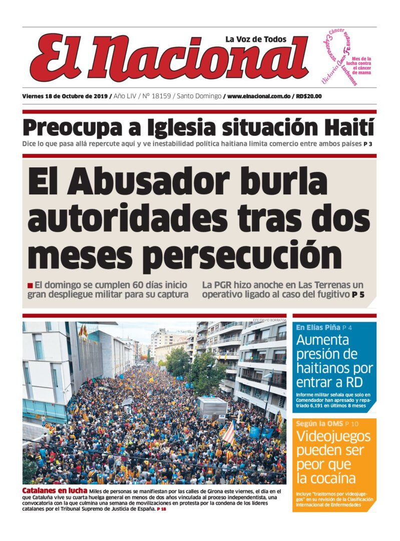 Portada Periódico El Nacional, Viernes 18 de Octubre, 2019