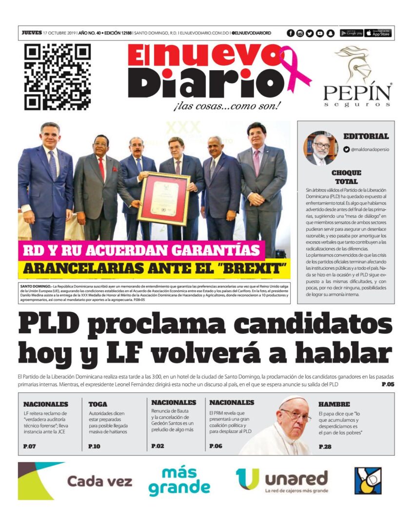Portada Periódico El Nuevo Diario, Jueves 17 de Octubre, 2019