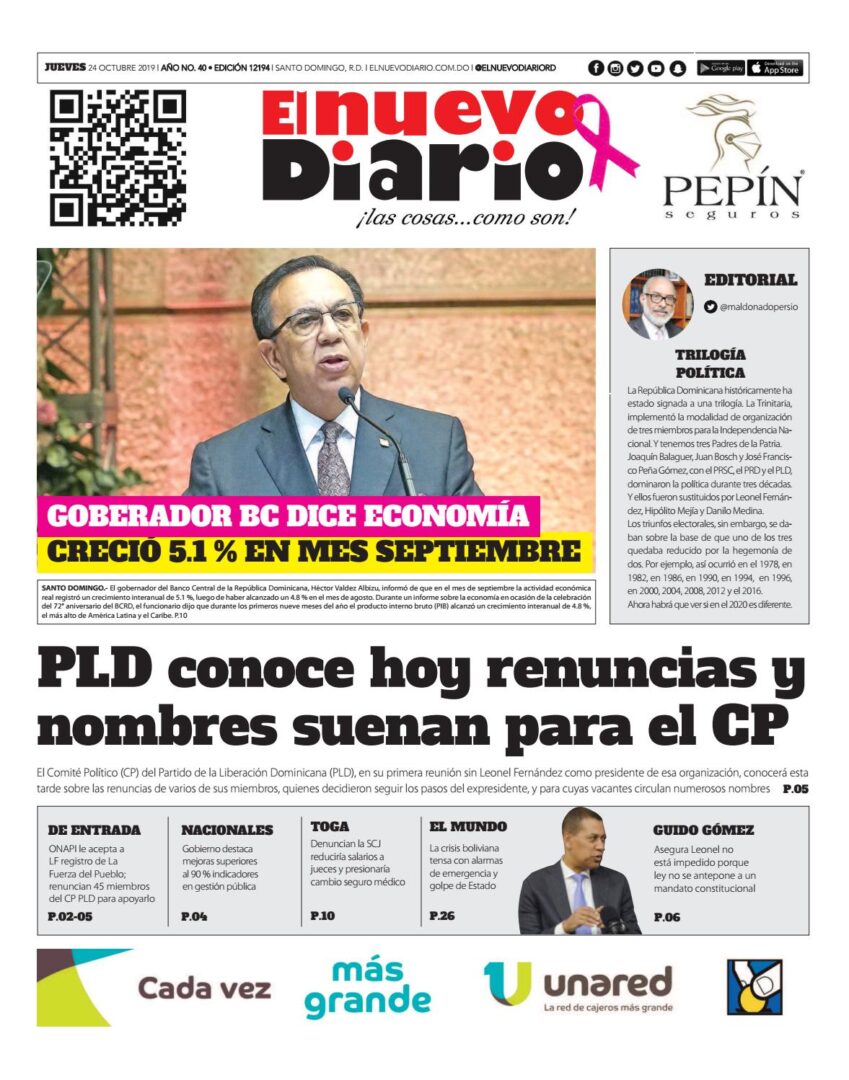 Portada Periódico El Nuevo Diario, Jueves 24 de Octubre, 2019
