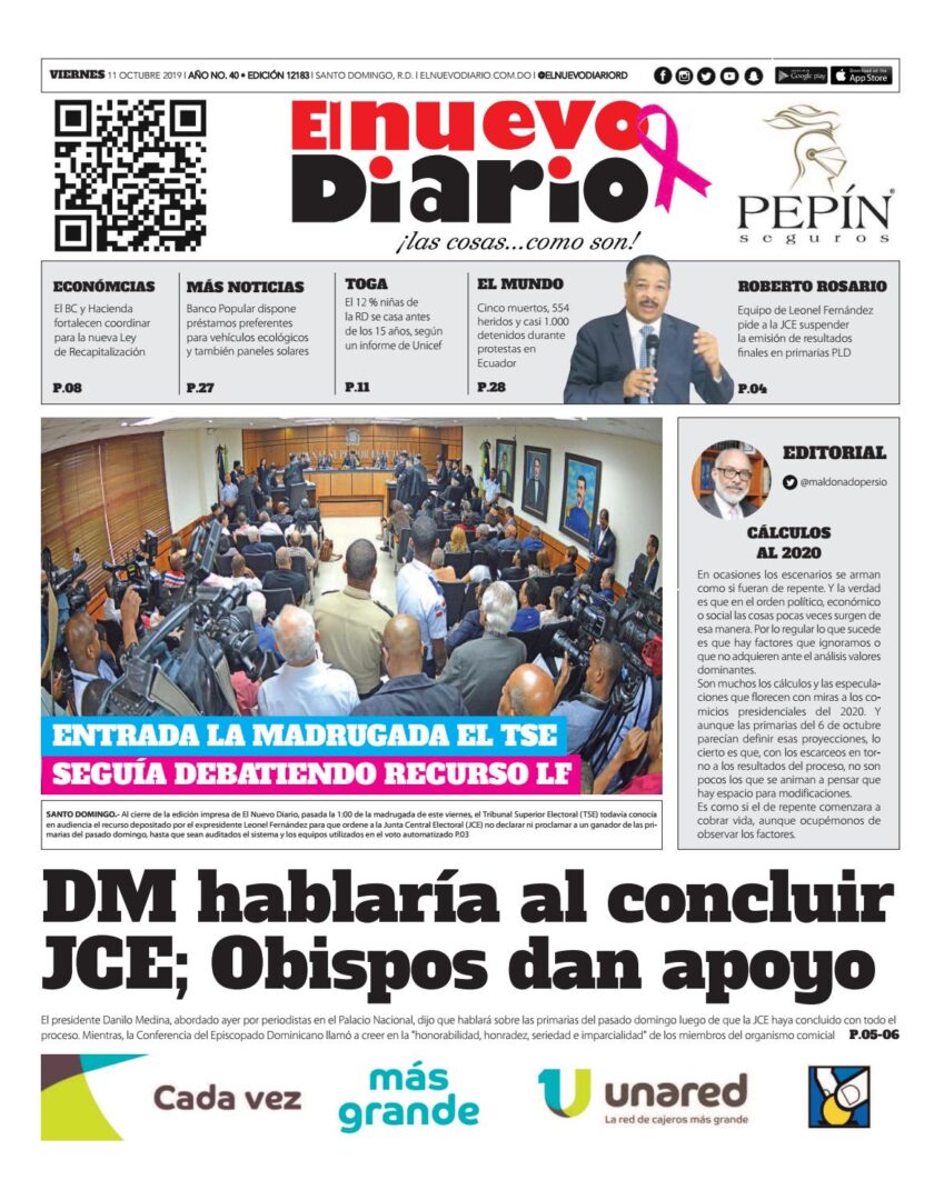 Portada Periódico El Nuevo Diario, Viernes 09 de Octubre, 2019