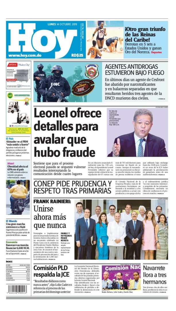 Portada Periódico Hoy, Domingo 13 de Octubre, 2019